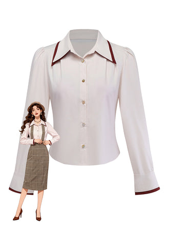 [Pre-Sale] Beige 1960s Slit Sleeve Contrasted Lapel Blouse