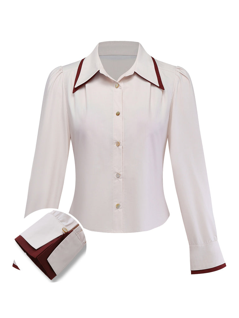 [Pre-Sale] Beige 1960s Slit Sleeve Contrasted Lapel Blouse