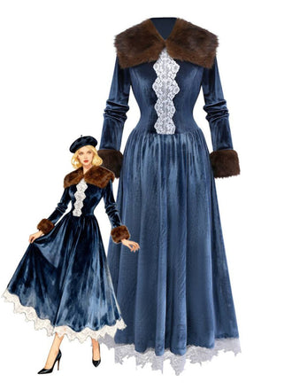 Blue 1930s Faux Fur Lace Patchwork Velvet Dress