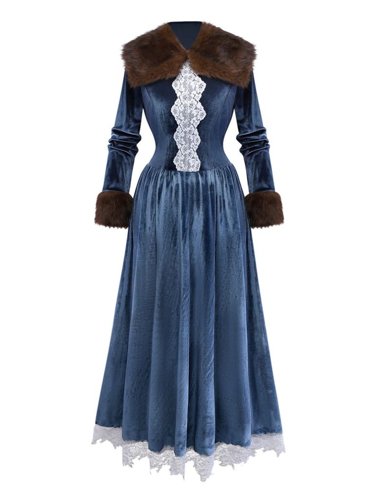 Blue 1930s Faux Fur Lace Patchwork Velvet Dress