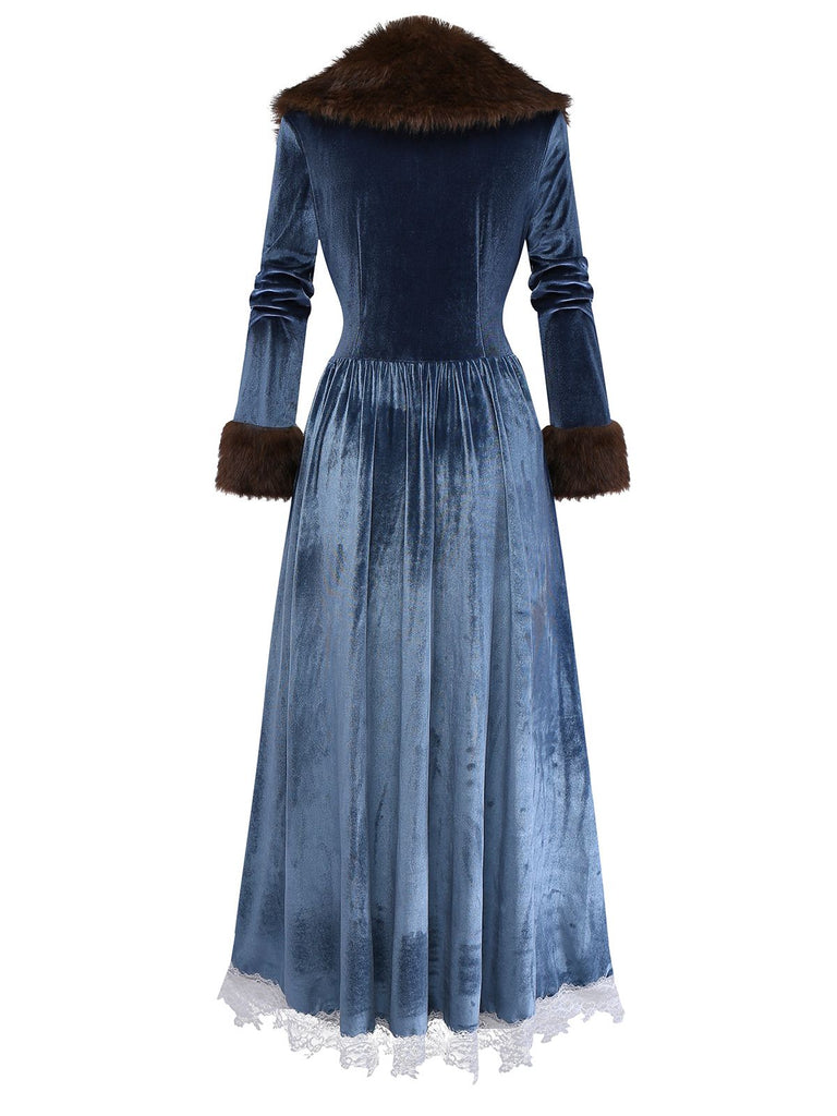 Blue 1930s Faux Fur Lace Patchwork Velvet Dress