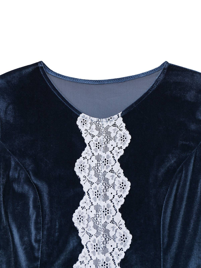 Blue 1930s Faux Fur Lace Patchwork Velvet Dress