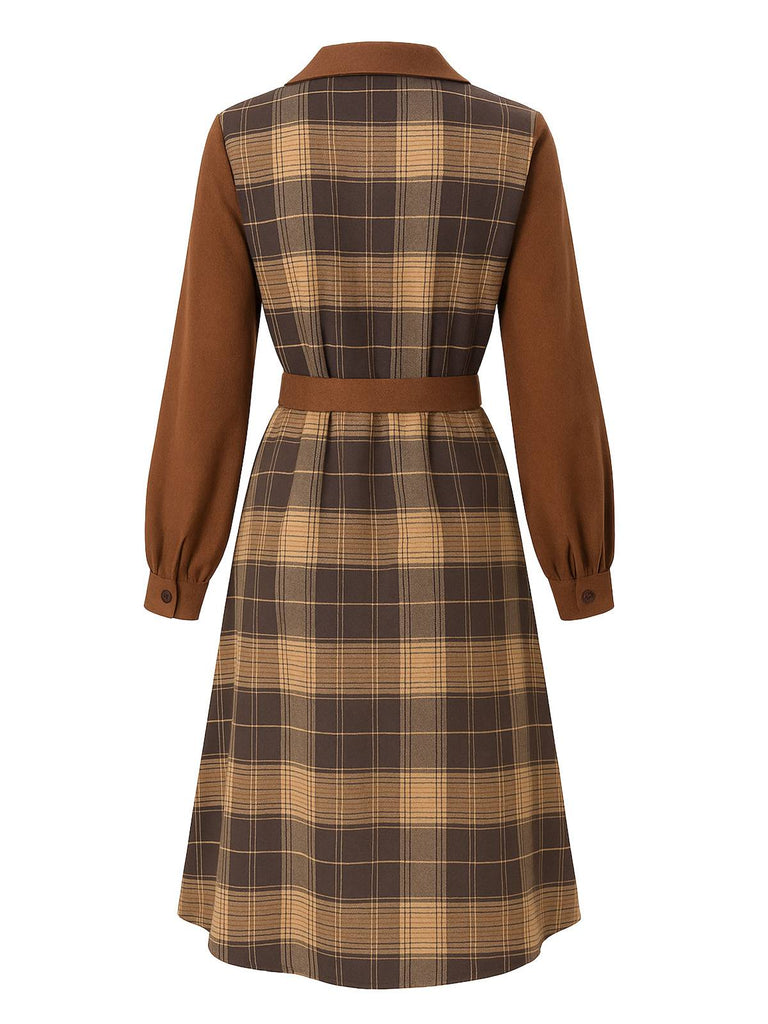 Brown 1950s Plaid Corduroy Shirt Collar Dress
