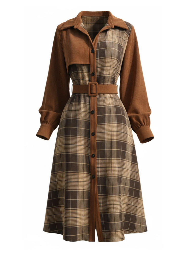 Brown 1950s Plaid Corduroy Shirt Collar Dress