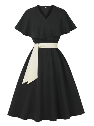 Black 1950s V-Neck Cloak Belted Dress