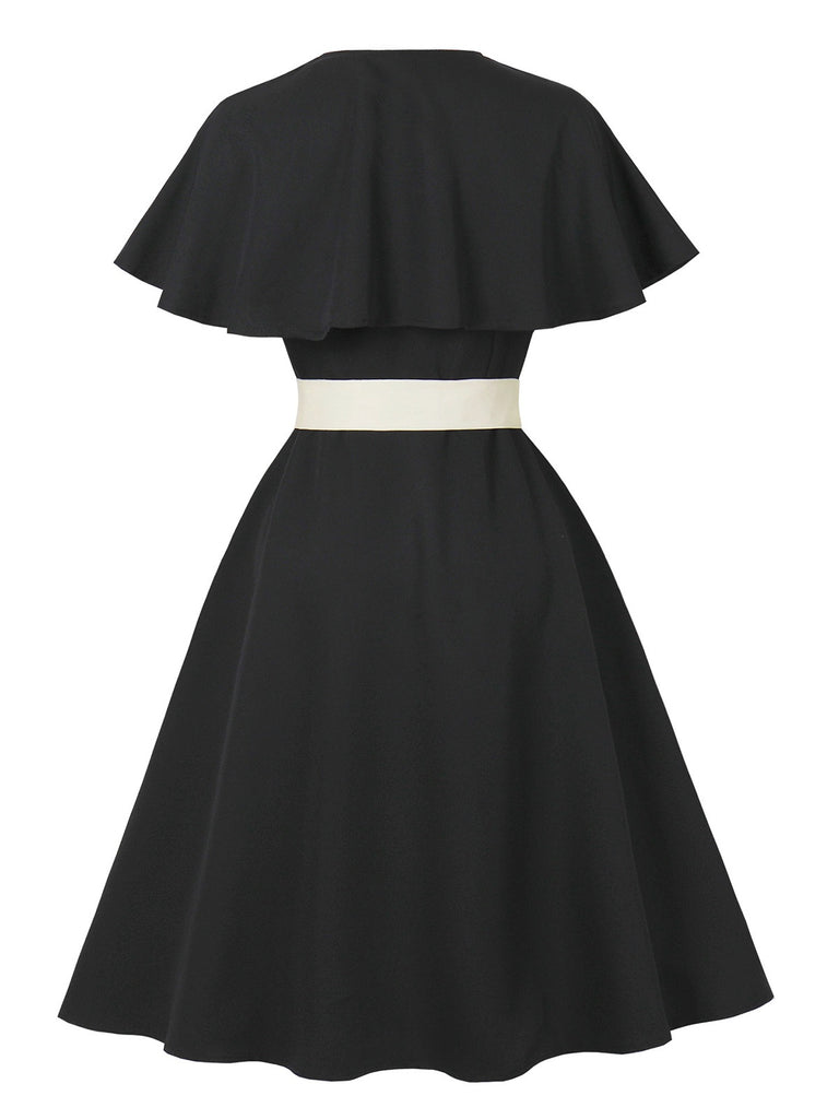 Black 1950s V-Neck Cloak Belted Dress