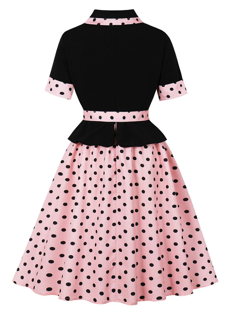 1950s Lapel Polka Dot Patchwork Swing Belted Dress