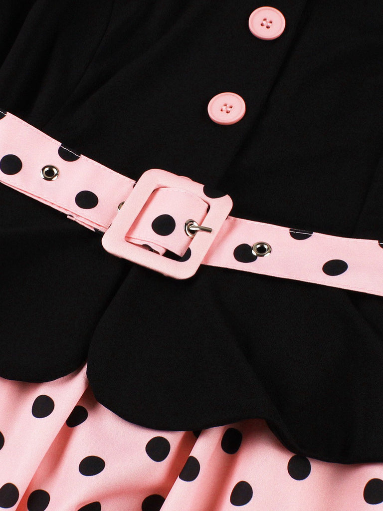 1950s Lapel Polka Dot Patchwork Swing Belted Dress
