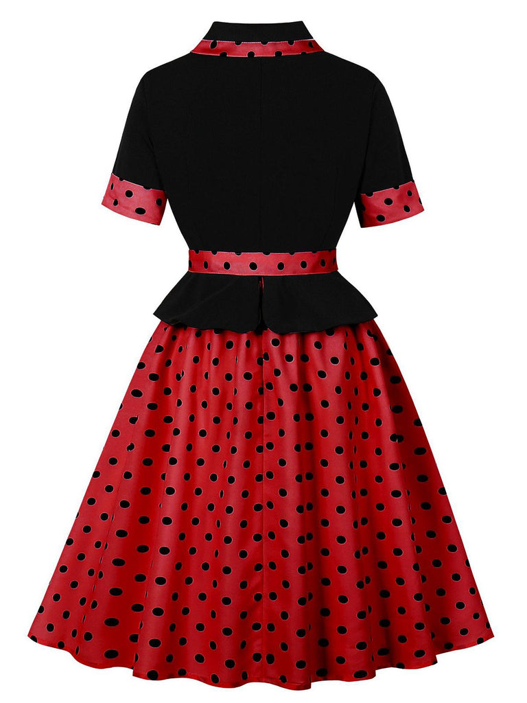 1950s Lapel Polka Dot Patchwork Swing Belted Dress