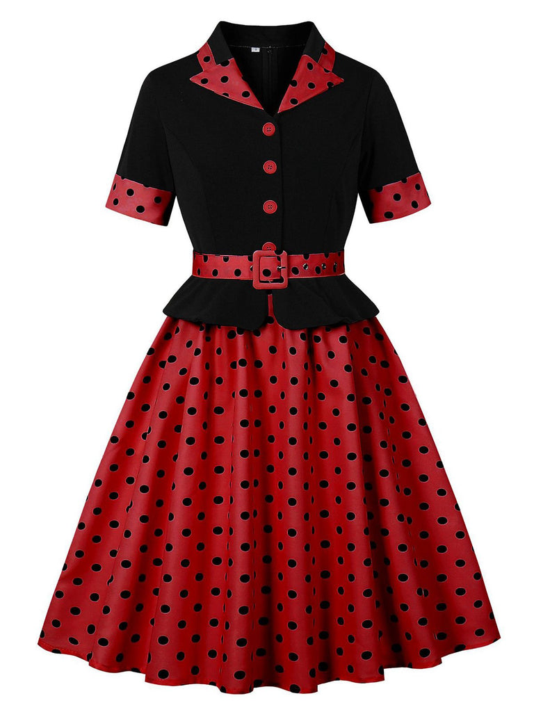 1950s Lapel Polka Dot Patchwork Swing Belted Dress