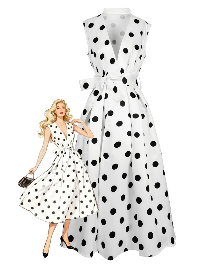 1950s Surplice V-Neck Polka Dot Belted Dress