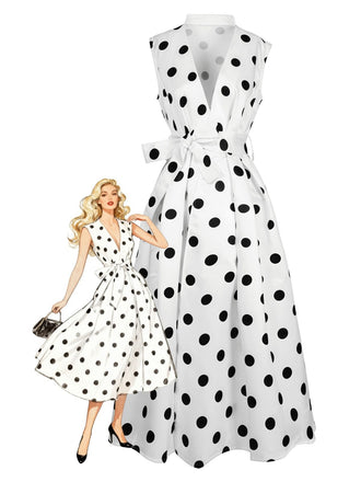 1950s Surplice V-Neck Polka Dot Belted Dress