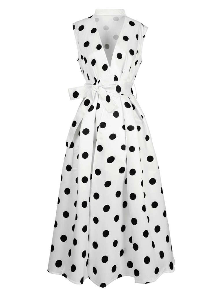 1950s Surplice V-Neck Polka Dot Belted Dress