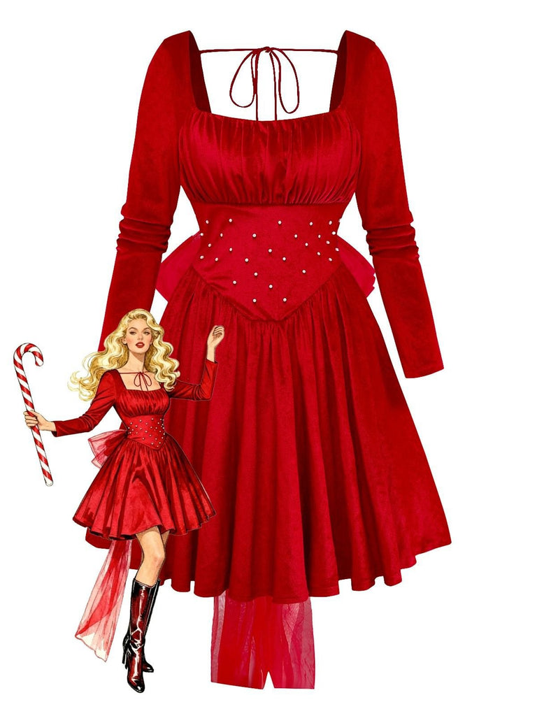 Red 1950s Velvet Pearl Ruched Tulle Bow Dress