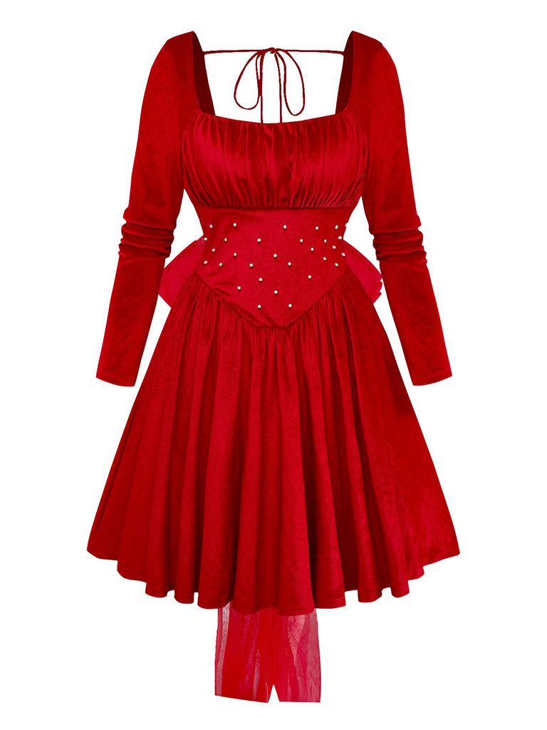 Red 1950s Velvet Pearl Ruched Tulle Bow Dress