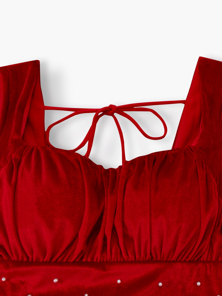 Red 1950s Velvet Pearl Ruched Tulle Bow Dress