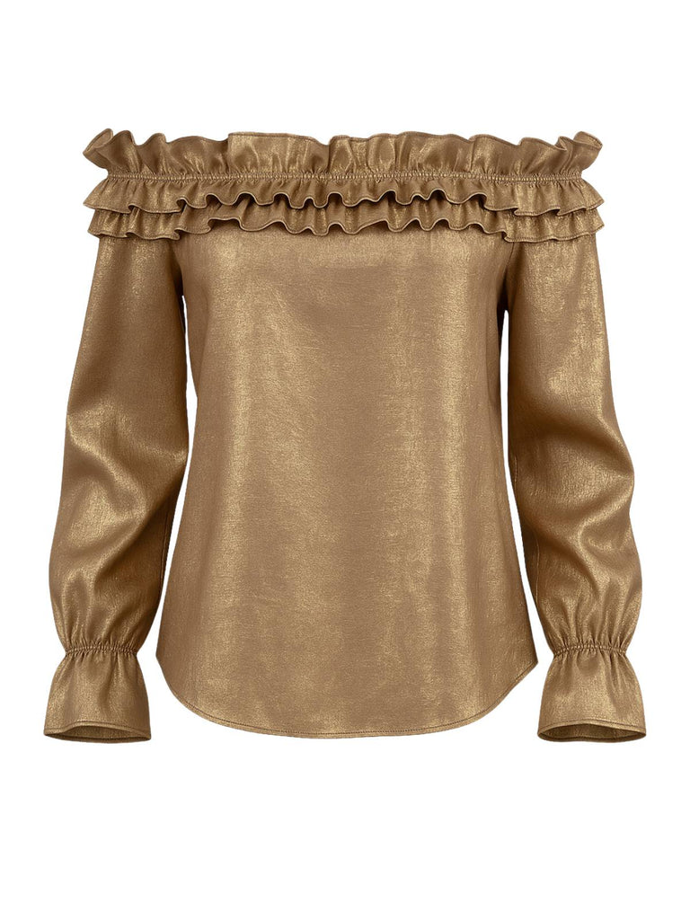 Gold 1950s Off-Shoulder Ruffled Shimmer Top