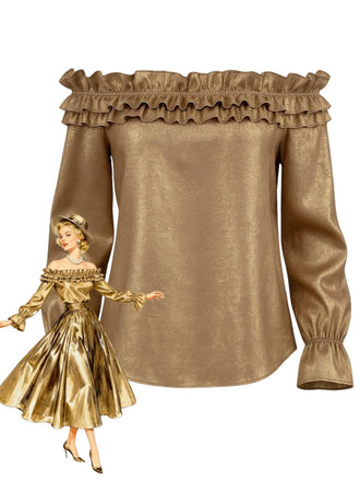 Gold 1950s Off-Shoulder Ruffled Shimmer Top