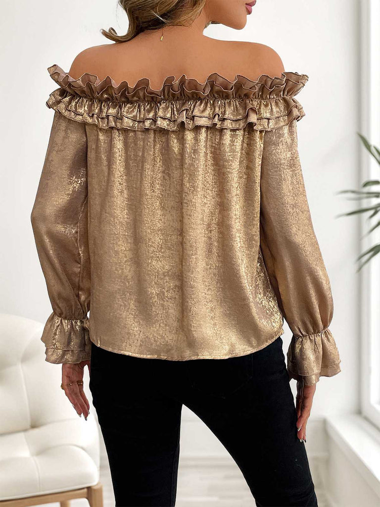 Gold 1950s Off-Shoulder Ruffled Shimmer Top