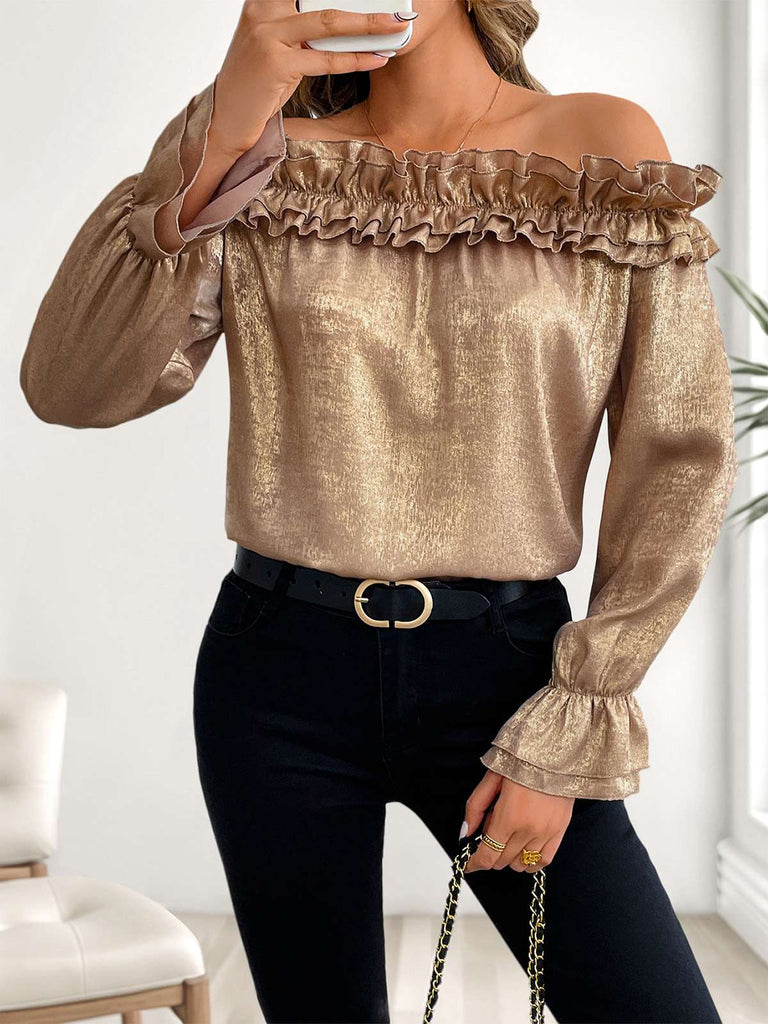 Gold 1950s Off-Shoulder Ruffled Shimmer Top