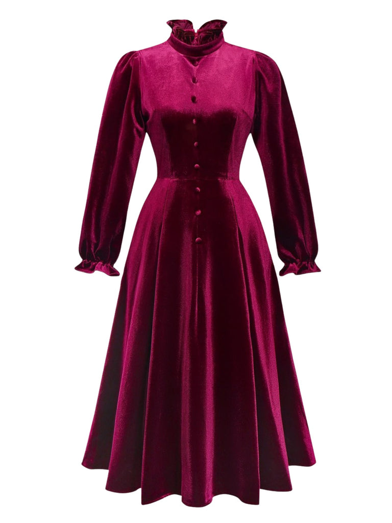 Red 1950s Velvet Ruffled Collar Lantern Sleeve Dress
