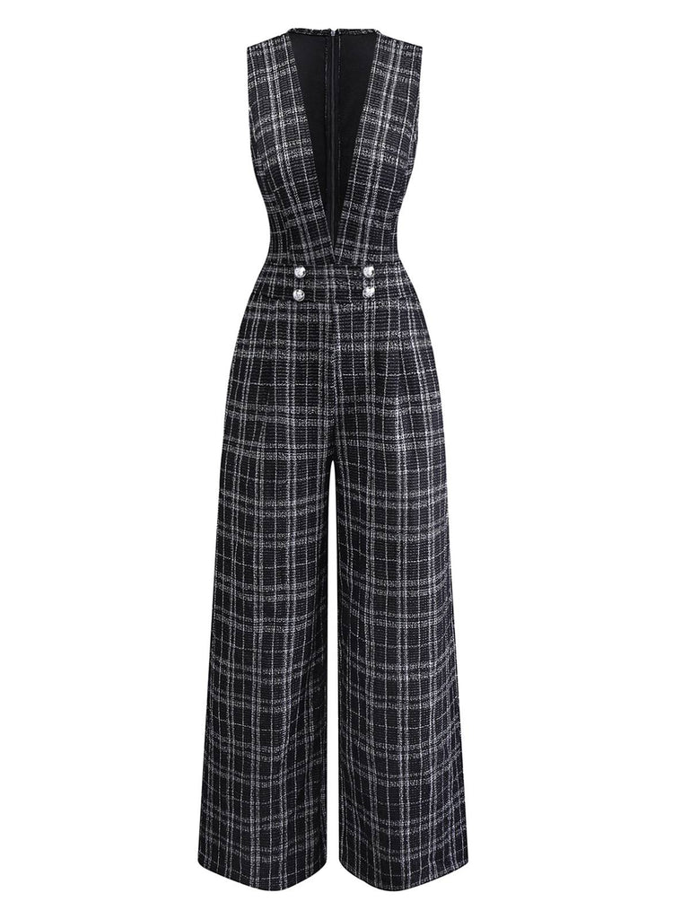Black 1940s Cotton Plaid Deep V-Neck Overall Jumpsuit
