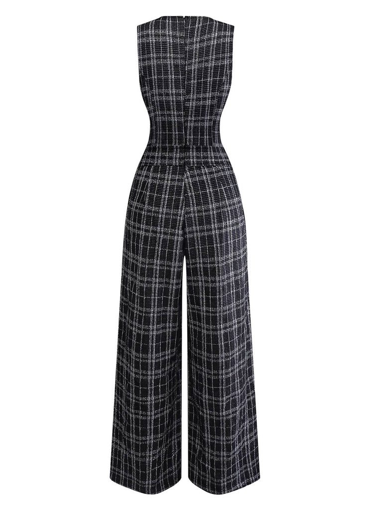 Black 1940s Cotton Plaid Deep V-Neck Overall Jumpsuit