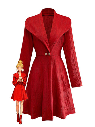 1940s Solid Knitted Big V-Neck Button Dress