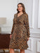 [Plus Size] 1960s Leopard V-Neck Long Sleeve Dress