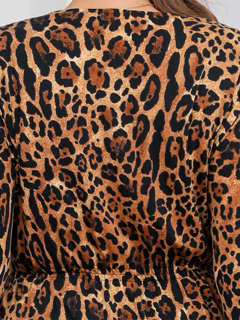 [Plus Size] 1960s Leopard V-Neck Long Sleeve Dress