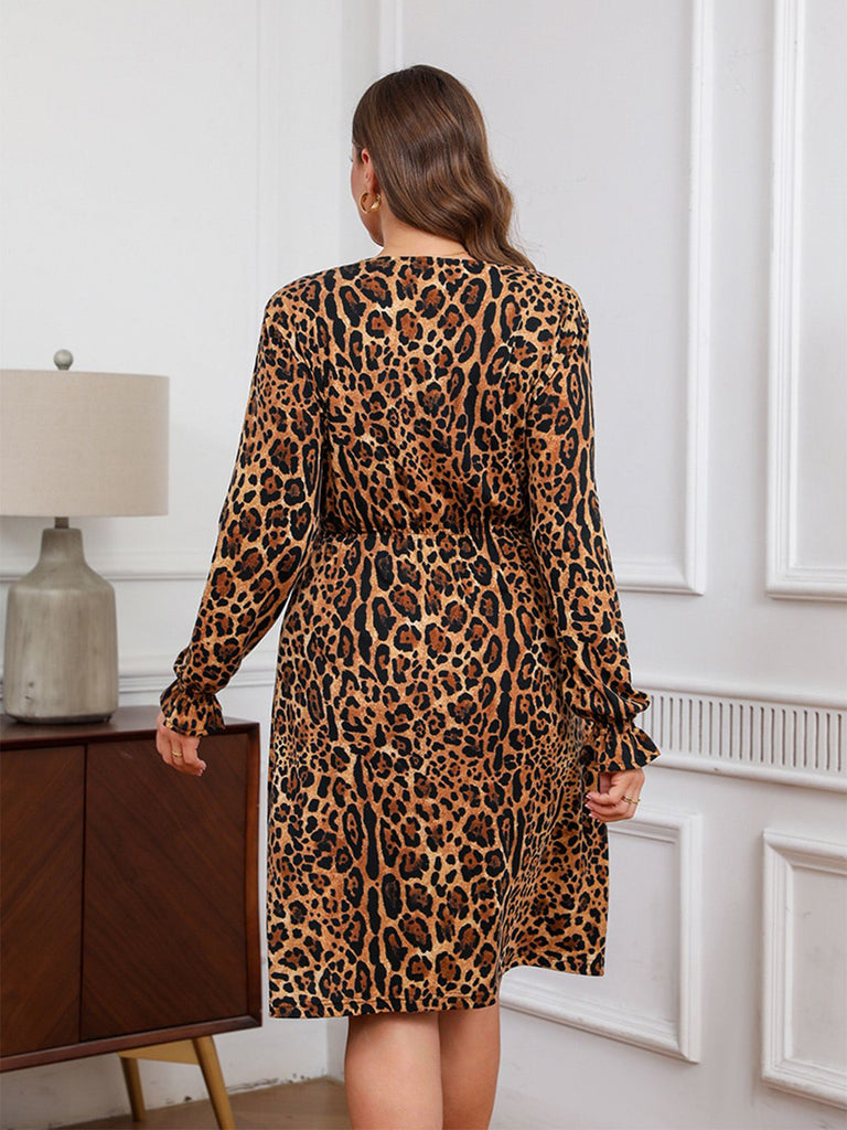 [Plus Size] 1960s Leopard V-Neck Long Sleeve Dress