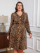 [Plus Size] 1960s Leopard V-Neck Long Sleeve Dress