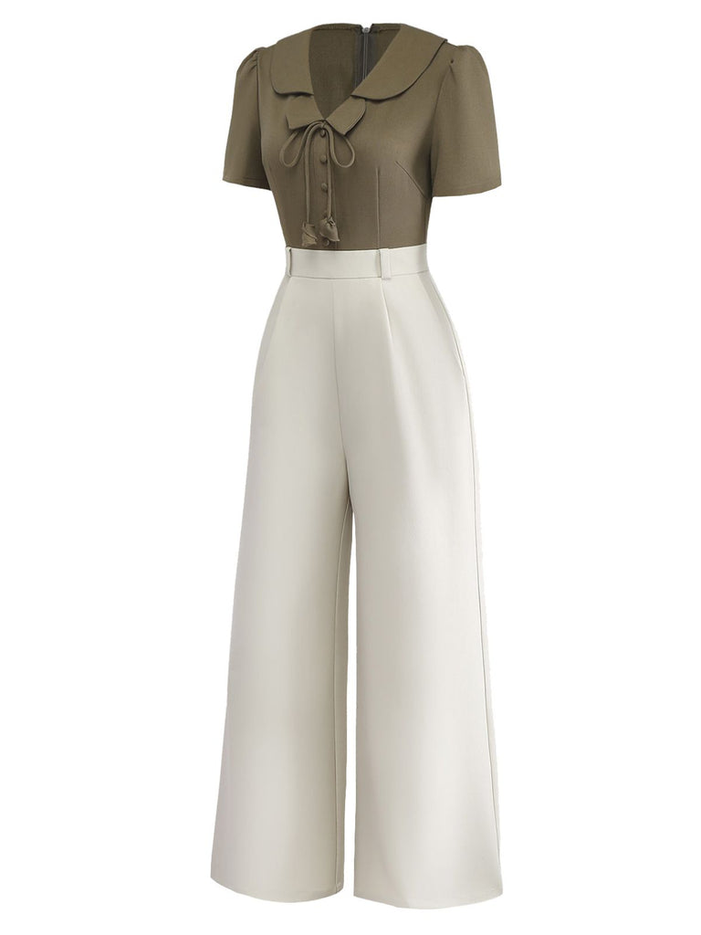 [Pre-Sale] Olive Green 1950s Button-Up Floral Wide-Leg Jumpsuit