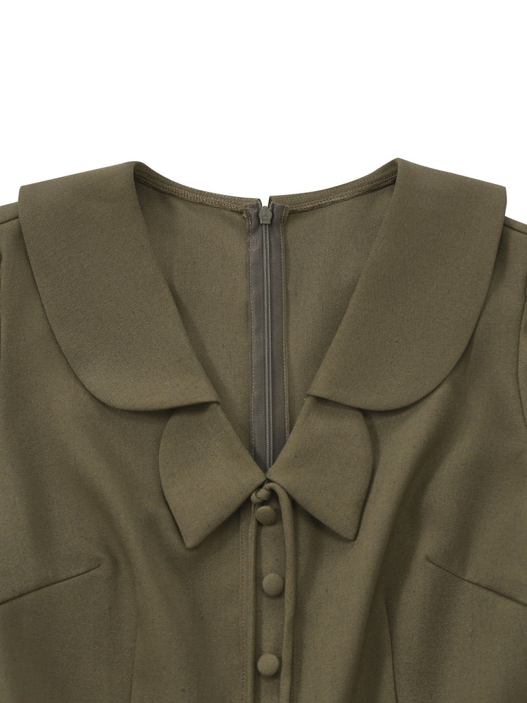 [Pre-Sale] Olive Green 1950s Button-Up Floral Wide-Leg Jumpsuit