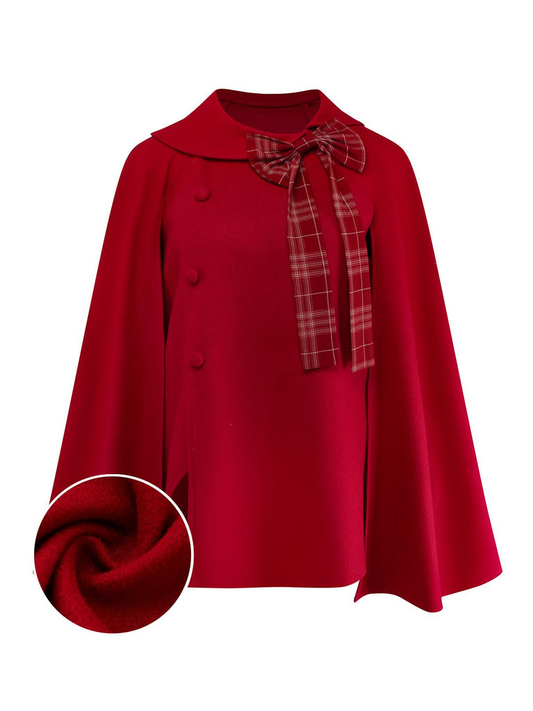 [Pre-Sale] Deep Red 1930s Plaid Bow Asymmetrical Cape