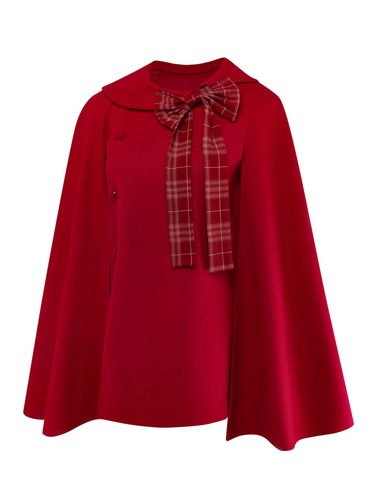[Pre-Sale] Deep Red 1930s Plaid Bow Asymmetrical Cape
