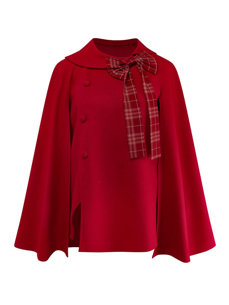 [Pre-Sale] Deep Red 1930s Plaid Bow Asymmetrical Cape