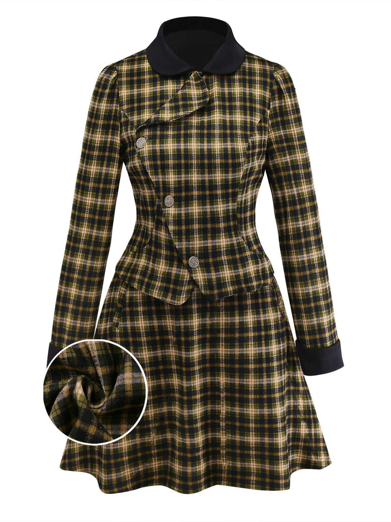 [Pre-Sale] 2PCS Green 1960s Plaid Diagonal Button Jacket & Skirt