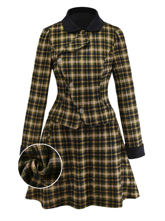 [Pre-Sale] 2PCS Green 1960s Plaid Diagonal Button Jacket & Skirt