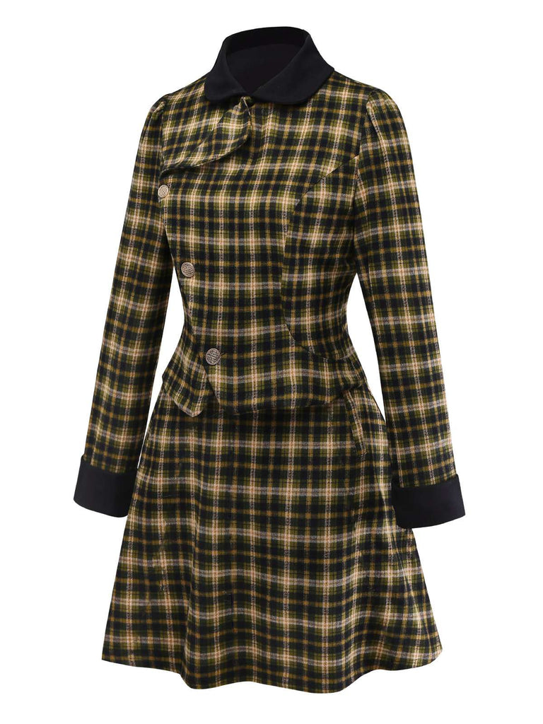 [Pre-Sale] 2PCS Green 1960s Plaid Diagonal Button Jacket & Skirt
