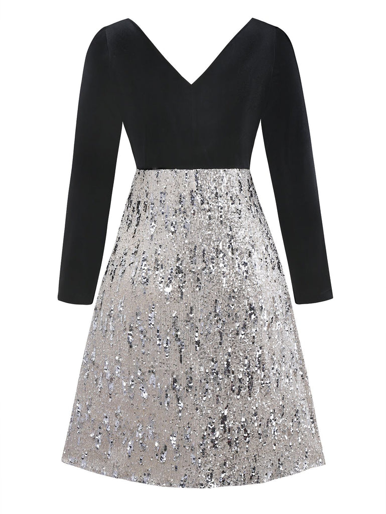 [Pre-Sale] [Plus Size] Black 1950s Velvet Sequin V-Neck Long Sleeves Dress