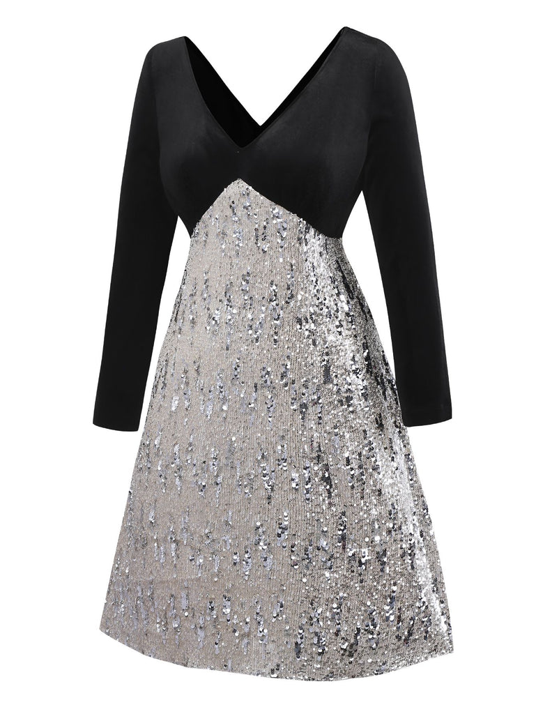 [Pre-Sale] [Plus Size] Black 1950s Velvet Sequin V-Neck Long Sleeves Dress