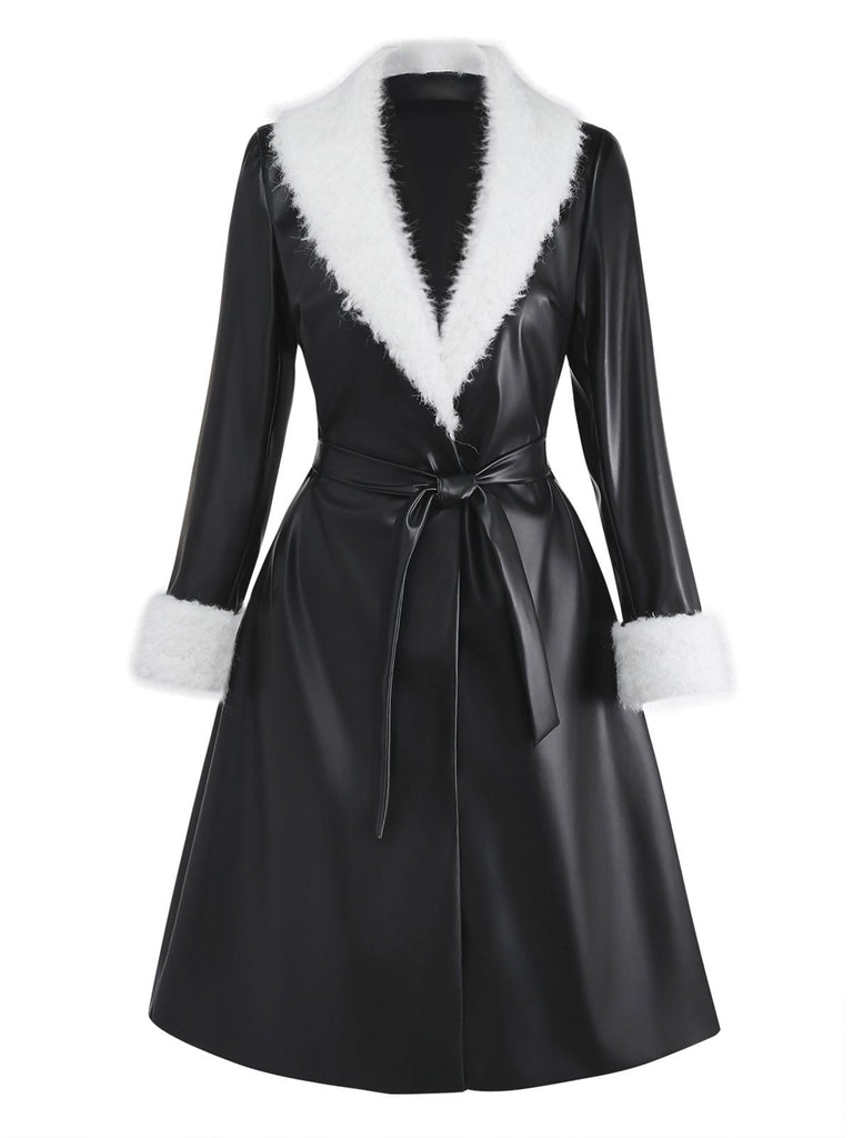 [Pre-Sale] Black 1940s Faux Leather Fur Trim Coat