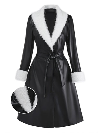 [Pre-Sale] Black 1940s Faux Leather Fur Trim Coat