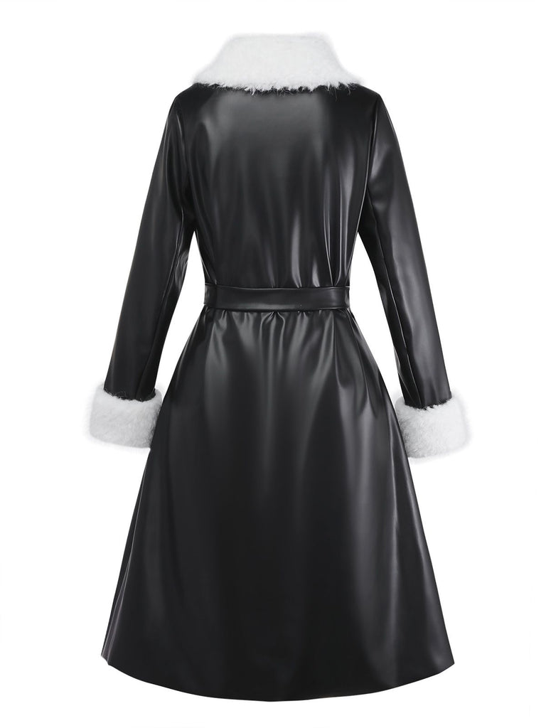 [Pre-Sale] Black 1940s Faux Leather Fur Trim Coat
