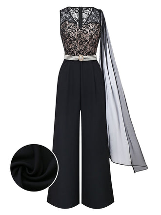 [Pre-Sale] Black 1950s Lace Bodice Pearl Belt Sheer Sleeve Jumpsuit