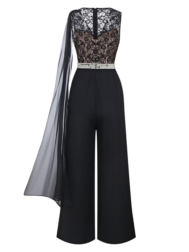 [Pre-Sale] Black 1950s Lace Bodice Pearl Belt Sheer Sleeve Jumpsuit