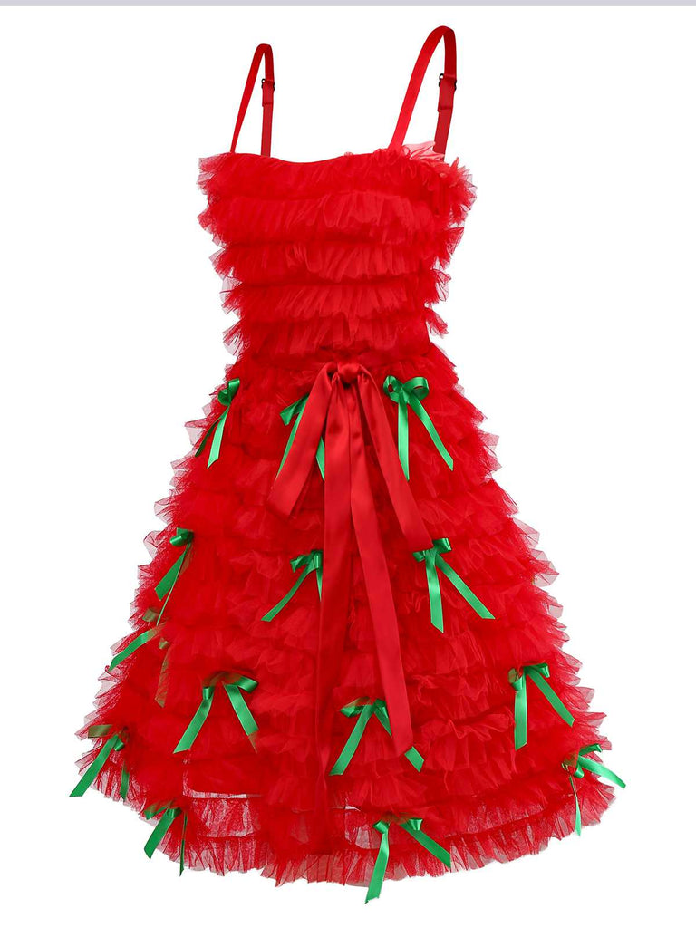 [Pre-Sale] 1980s Slip Christmas Tulle Ribbon Bow Ruffle Dress