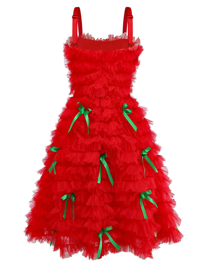 [Pre-Sale] 1980s Slip Christmas Tulle Ribbon Bow Ruffle Dress