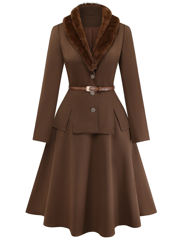 [Pre-Sale] 2PCS Brown 1940s Double Faux Fur Collar Jacket & A-Line Skirt